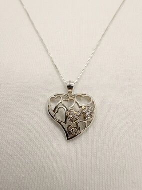 925 Sterling Silver Heart Pendant Necklace with Pave Hearts